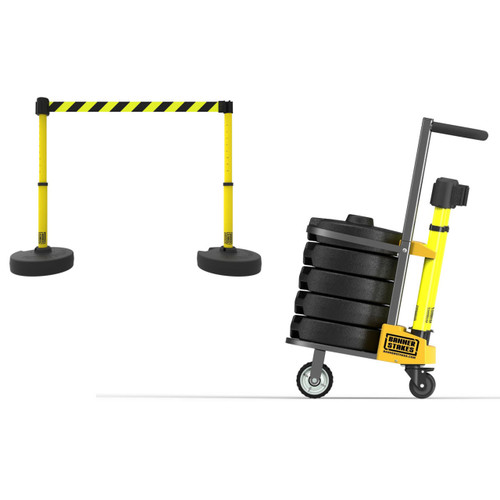 Banner Stakes 75' Barrier System with Cart, 5 Bases, Retractable Belts and Posts; Yellow/Black Diagonal Stripe - PL4008