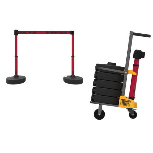 Banner Stakes 75' Barrier System with Cart, 5 Bases, Retractable Belts and Posts; Red "Stay Behind The Line" - PL4012