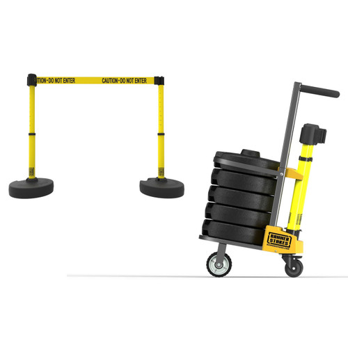 Banner Stakes 75' Barrier System with Cart, 5 Bases, Retractable Belts and Posts; Yellow "Caution - Do Not Enter" - PL4078