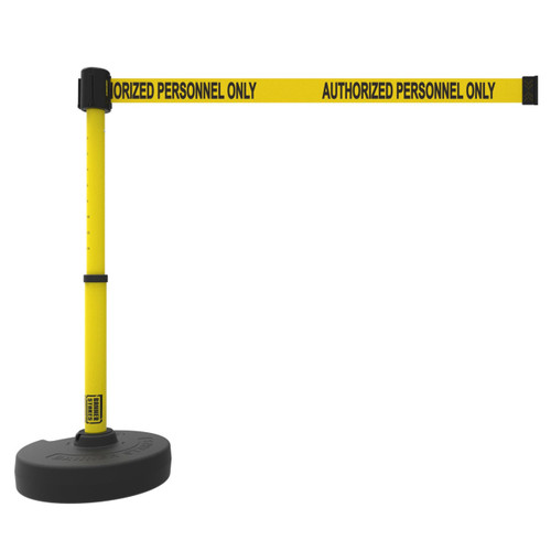 Banner Stakes Barrier Set with Stand-Alone Base, Post, Stake and Retractable Belt; Yellow "Authorized Personnel Only" - PL4087