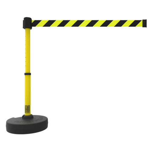 Banner Stakes Barrier Set with Stand-Alone Base, Post, Stake and Retractable Belt; Yellow/Black Diagonal Stripe - PL4091