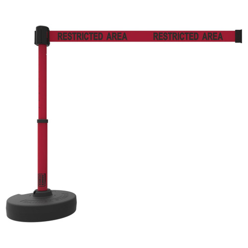 Banner Stakes Barrier Set with Stand-Alone Base, Post, Stake and Retractable Belt; Red "Restricted Area" - PL4093