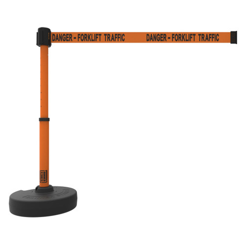 Banner Stakes Barrier Set with Stand-Alone Base, Post, Stake and Retractable Belt; Orange "Danger-Forklift Traffic" - PL4102