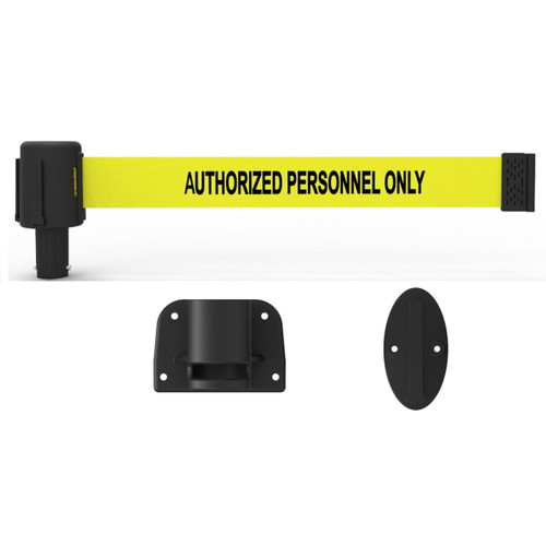 Banner Stakes 15' Wall-Mount Barrier System with Mounting Kit and Retractable Belt; Yellow "Authorized Personnel Only" - PL4109