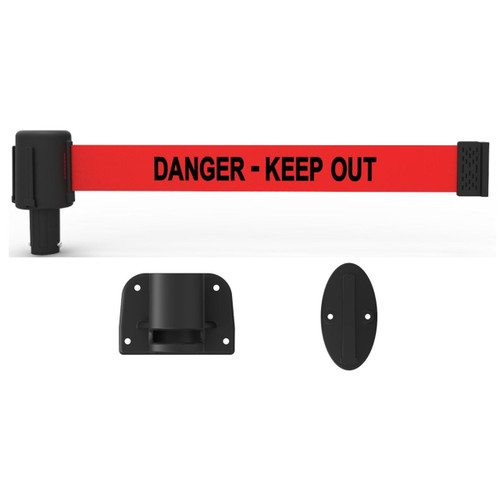 Banner Stakes 15' Wall-Mount Barrier System with Mounting Kit and Retractable Belt; Red "Danger-Keep Out" - PL4114