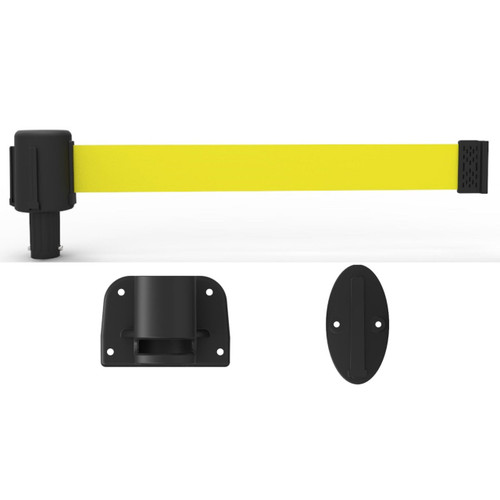 Banner Stakes 15' Wall-Mount Barrier System with Mounting Kit and Retractable Belt; Blank Yellow - PL4124