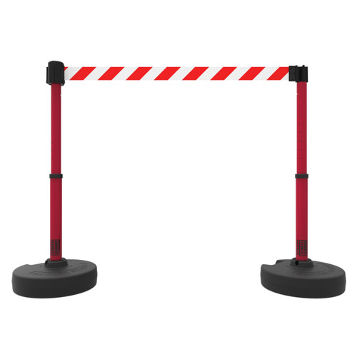 Banner Stakes 15' Barrier System with 2 Bases, Posts, Stakes and 1 Retractable Belt; Red/White Diagonal Stripe - PL4298