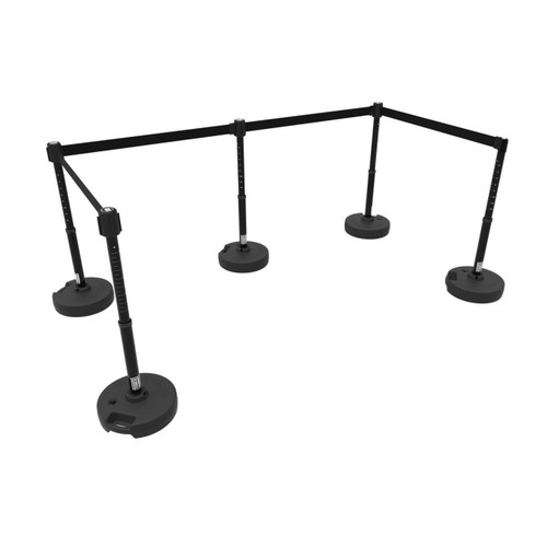 Banner Stakes 60' Barrier System with 5 Bases, Post, Stakes, and 4 Retractable Belts; Blank Black - PL4504