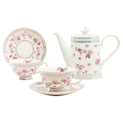 Pink Rose Bud w/Blue Trim - 5 Piece Porcelain Tea Set