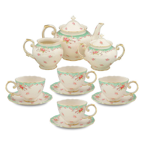 Green Trimmed Vintage Rose - 11 Piece Porcelain Tea Set