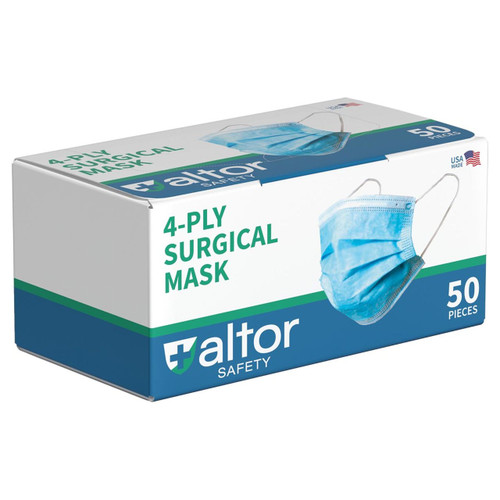 Altor Safety Surgical Mask with Plastic Nose Wire 62232P, 4-Ply ASTM Level 3, USA Made - Box of 50
