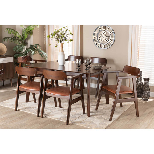 Baxton Studio Cleo Mid-Century Modern Light Brown Faux Leather and Dark Brown Finished Wood 7-Piece Dining Set