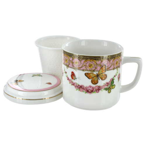 Pink Butterfly Porcelain Mug with Strainer - 9oz