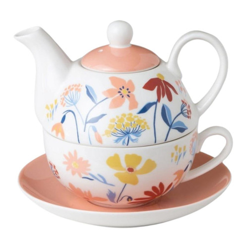 Modern Peach Floral Tea For One - 4 Piece Set