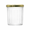 A 324ml faceted ten-sided glass jam jar. Supplied with a heat sealable, vinegar proof lid in a choice of 4 different colours.