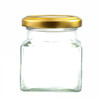 A square glass jam jar with a 130ml capacity. Supplied with a lid in a choice of 3 different colours.