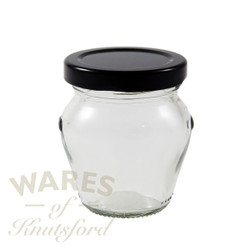 A 106ml gourmet glass jam jar. This jam jar is perfect for wedding favours and is supplied with a choice of 3 different lids.