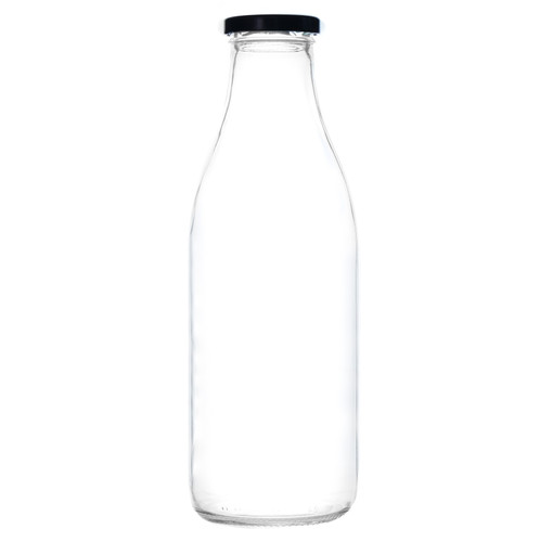 Wholesale Glass Milk Bottles - 1 Litre - Choice of Black, Silver or Gold Lids - available as bulk pallets (non Boxed) or boxed smaller pallets