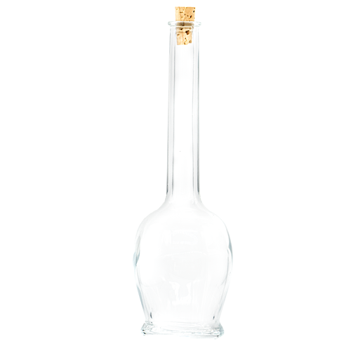 A 100ml glass bottle with cork.  The bottle has a long narrow neck and a globe shaped body and is supplied with a tapered cork. Perfect for wedding favours.