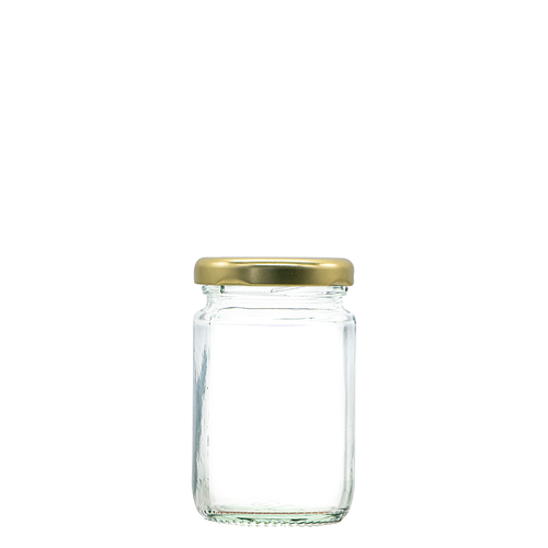105ml glass  jam jar. Supplied with a heat sealable lid in 3 different colours.