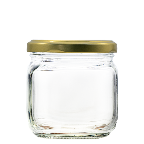 207ml clear square vintage style glass jam jars. Supplied with a heat sealable and vinegar proof lid in a choice of 2 different colours.