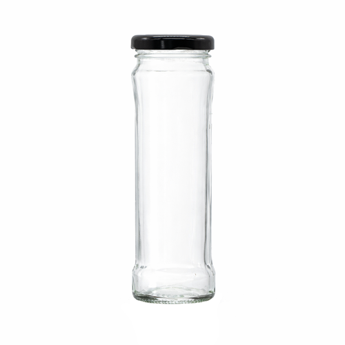 A tall 211ml olive glass jar supplied with a choice of lids.