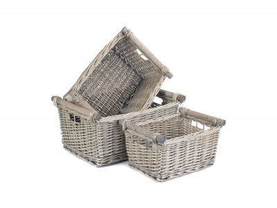 Wicker, Willow Woven, Antique Wash Wood Handled Storage Basket Set of 3