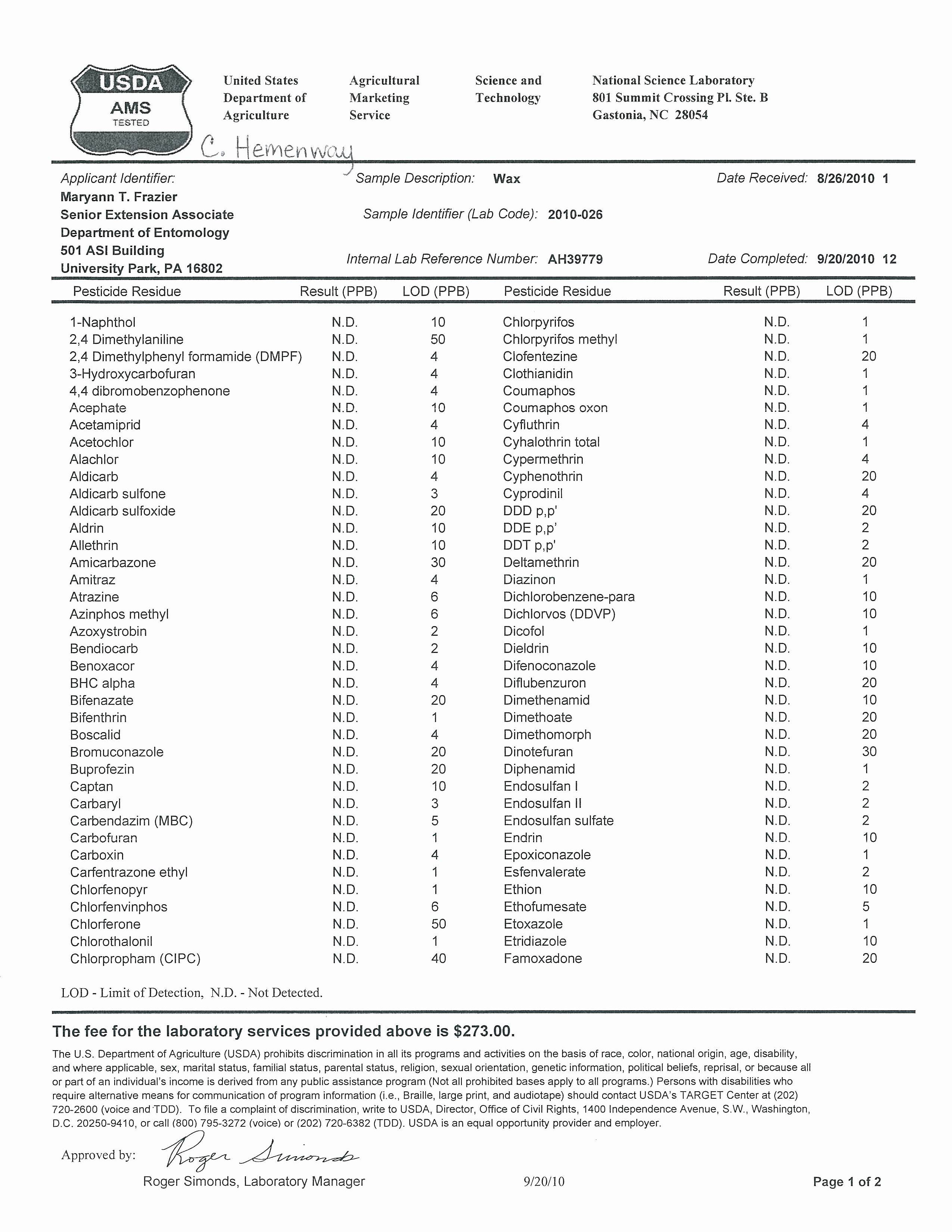 Wax Test Lab Results Page 1