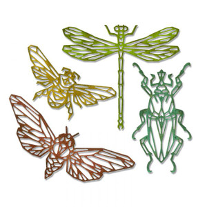 Lovers of contemporary design will appreciate the aesthetic of the Geo Insects Thinlits™ Die Set by Tim Holtz®. These intricate insects are inspired by origami and geometric patterns. The four-piece set includes a beetle, a dragonfly, a moth and a firefly. Use them to add a stylised touch to nature-themed projects, or make stencils for intriguing background details.
Thinlits create dazzling detailed shapes for more creative cardmaking and papercrafting projects. These wafer-thin chemically-etched die sets are designed to cut, emboss or stencil a single sheet of cardstock, paper, metallic foil or vellum. They are simple to use, compact and portable for cutting at home or on the go. Use them for enhanced intricacy and to add a special touch of inspiration to all your projects.
The Thinlits dies in this set are compatible with the BIGkick, Big Shot and Vagabond machines.
To cut, the sandwich requires use of a pair of Cutting Pads and the machine's included Platform; when using the Essentials Platform or Solo Platform & Shim, the Extended Adapter or Solo Adapter is required. Because of their intricacy, Thinlits dies may require up to three passes to cut. If extra ejection is needed for easier separation of the die-cut from the design, place wax paper between the Thinlits die and your material and then cut. Lovers of contemporary design will appreciate the aesthetic of the Geo Insects Thinlits™ Die Set by Tim Holtz®. These intricate insects are inspired by origami and geometric patterns. The four-piece set includes a beetle, a dragonfly, a moth and a firefly. Use them to add a stylised touch to nature-themed projects, or make stencils for intriguing background details.
Thinlits create dazzling detailed shapes for more creative cardmaking and papercrafting projects. These wafer-thin chemically-etched die sets are designed to cut, emboss or stencil a single sheet of cardstock, paper, metallic foil or vellum. They are simple to use, compact and portable for cutting at home or on the go. Use them for enhanced intricacy and to add a special touch of inspiration to all your projects.
The Thinlits dies in this set are compatible with the BIGkick, Big Shot and Vagabond machines.
To cut, the sandwich requires use of a pair of Cutting Pads and the machine's included Platform; when using the Essentials Platform or Solo Platform & Shim, the Extended Adapter or Solo Adapter is required. Because of their intricacy, Thinlits dies may require up to three passes to cut. If extra ejection is needed for easier separation of the die-cut from the design, place wax paper between the Thinlits die and your material and then cut.