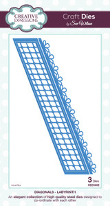 Creative Expressions Diagonals Collection Labyrinth Dies, are a Three die set, in an elegant collection of high quality steel dies designed to co-ordinate with each other. The Labyrinth die set has been designed to go diagonally in the same direction as the Love Heart die from the same collection. It has a gorgeous lattice design that just begs for pearls at each intersection. The matching border has a sweet teardrop design to it. Creative Expressions Craft Dies by Sue Wilson can be used in most leading die cutting machines; Grand Calibur by Spellbinders, Cuttlebug by Provocraft, Big Shot by Sizzix and eBosser by Craftwell. Creative Expressions dies cut, emboss and stencil with a single die template. Approximate Die Template Sizes: 1: 6.69 x 1.61 Inch, (170mm x 41mm). Creative Expressions Diagonals Collection Labyrinth Dies, are a Three die set, in an elegant collection of high quality steel dies designed to co-ordinate with each other. The Labyrinth die set has been designed to go diagonally in the same direction as the Love Heart die from the same collection. It has a gorgeous lattice design that just begs for pearls at each intersection. The matching border has a sweet teardrop design to it. Creative Expressions Craft Dies by Sue Wilson can be used in most leading die cutting machines; Grand Calibur by Spellbinders, Cuttlebug by Provocraft, Big Shot by Sizzix and eBosser by Craftwell. Creative Expressions dies cut, emboss and stencil with a single die template. Approximate Die Template Sizes: 1: 6.69 x 1.61 Inch, (170mm x 41mm).