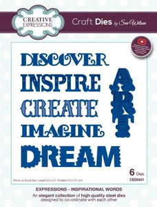 Creative Expressions Craft Dies - Expressions - Inspirational Words by Sue Wilson (CED5431)
The Craft Dies, designed by Sue Wilson, are an elegant collection of high quality steel dies designed to co-ordinate with each other. Creative Expressions Craft Dies can be used in most leading die cutting machines including the Grand Calibur by Spellbinders, Cuttlebug by Provocraft, Big Shot by Sizzix and eBosser by Craftwell. Creative Expressions Craft Dies - Expressions - Inspirational Words by Sue Wilson (CED5431)
The Craft Dies, designed by Sue Wilson, are an elegant collection of high quality steel dies designed to co-ordinate with each other. Creative Expressions Craft Dies can be used in most leading die cutting machines including the Grand Calibur by Spellbinders, Cuttlebug by Provocraft, Big Shot by Sizzix and eBosser by Craftwell.