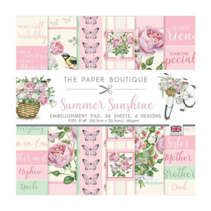 The Paper Boutique - Summer Sunshine Embellishment Pad - 8" x 8" (PB1572)
The Summer Sunshine collection contains a versatile selection of die-cut toppers, embellishments, inserts, coloured card, and backing papers perfect for creating a wide array of coordinating crafts. Featuring beautiful florals and more with a very nostalgic feel– in a colour palette of pinks. The pads are designed to be used on their own or mixed and matched. The kit contains an 8 x 8-inch pad of 36 sheets of decorative papers 6 each of 6 designs in 160 gsm and a topper pad, the die cut toppers are a mix of round and square and are printed on 300 gsm smooth paper 32 toppers in eight designs. The range of papers are a mix of A4 and 8 x 8 format and includes a Decorative Paper Pad, Embellishments Pads, the Essential Colour Card Collection and the Insert Collection. Made in UK. The Paper Boutique - Summer Sunshine Embellishment Pad - 8" x 8" (PB1572)
The Summer Sunshine collection contains a versatile selection of die-cut toppers, embellishments, inserts, coloured card, and backing papers perfect for creating a wide array of coordinating crafts. Featuring beautiful florals and more with a very nostalgic feel– in a colour palette of pinks. The pads are designed to be used on their own or mixed and matched. The kit contains an 8 x 8-inch pad of 36 sheets of decorative papers 6 each of 6 designs in 160 gsm and a topper pad, the die cut toppers are a mix of round and square and are printed on 300 gsm smooth paper 32 toppers in eight designs. The range of papers are a mix of A4 and 8 x 8 format and includes a Decorative Paper Pad, Embellishments Pads, the Essential Colour Card Collection and the Insert Collection. Made in UK.