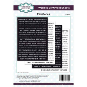 Creative Expressions - Wordies Sentiment Sheets – Milestones (Pk 4) 6" x 8" (CEW007)
Add a special sentiment to your project quickly and easily with these inspiring sentiment sheets. Designed to be easy to cut apart with scissors or a trimmer so that you can choose the perfect sentiment to add a finishing touch to your artwork! The pack contains 4 – A5 sheets, 2 white on black and 2 black on white. The sheets are printed with toner so that they can be foiled to add a metallic effect. 250 gsm card the print has a silk finish. Acid and lignin free. Made in the UK.
Creative Expressions - Wordies Sentiment Sheets – Milestones (Pk 4) 6" x 8" (CEW007)
Add a special sentiment to your project quickly and easily with these inspiring sentiment sheets. Designed to be easy to cut apart with scissors or a trimmer so that you can choose the perfect sentiment to add a finishing touch to your artwork! The pack contains 4 – A5 sheets, 2 white on black and 2 black on white. The sheets are printed with toner so that they can be foiled to add a metallic effect. 250 gsm card the print has a silk finish. Acid and lignin free. Made in the UK.