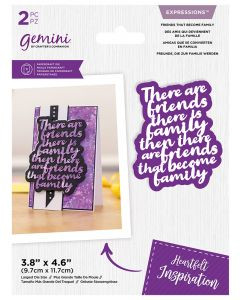 Expressions - Let Your Faith - Metal Dies (GEM-MD-EXP-LEYF)
This item contains 2 metal dies to create a heartfelt message ‘Love in our Family' message, together with an outline die. Largest Die Size 3.4” x 3.5” Ideal for beginners
Create cards that stand out from the crowd! Part of the Gemini Saying Die collection
Send your inspirational quotes in style and craft heartfelt cards with the Saying Dies Collection from Gemini.
This range of papercraft dies invites you to make your messages the centrepiece of card and craft creations. With a range of heartfelt, inspirational, and caring sentiments to choose from - there’s a Saying Die for every occasion!
The ‘Something good in every day’ set includes two dies to cut out a message that reads, ‘Every day might not be good but there is something good in every day’ in a sweet handwritten font. It’s the perfect way to let friends and family know just how much they mean to you. The dies have been designed and sized to work with a 4x6” sized card base so it couldn’t be easier for all abilities to craft quick and easy cards with serious style! All you need is a die-cutting machine, a die, and your chosen card or paper stock. Simply create your plate combination using the helpful Sandwich Guide in the instruction manual and run through your die-cutting machine – it’s that simple! You can create a dimensional shadow effect by cutting the die from your chosen colour of cardstock and then cutting again from darker cardstock. Place the darker cardstock behind and move it slightly to create an atmospheric shadow effect. All of the Saying Dies also work well on both the inside and outside of a card - you can double up and add one to the front and a second one inside? Or why not use the die-cuts on gift tags, scrapbook layouts, or home decor to create beautiful homemade gifts. With messages to make any occasion feel extra special, why not take a look at the full Saying Die collection from Gemini? Expressions - Let Your Faith - Metal Dies (GEM-MD-EXP-LEYF)
This item contains 2 metal dies to create a heartfelt message ‘Love in our Family' message, together with an outline die. Largest Die Size 3.4” x 3.5” Ideal for beginners
Create cards that stand out from the crowd! Part of the Gemini Saying Die collection
Send your inspirational quotes in style and craft heartfelt cards with the Saying Dies Collection from Gemini.
This range of papercraft dies invites you to make your messages the centrepiece of card and craft creations. With a range of heartfelt, inspirational, and caring sentiments to choose from - there’s a Saying Die for every occasion!
The ‘Something good in every day’ set includes two dies to cut out a message that reads, ‘Every day might not be good but there is something good in every day’ in a sweet handwritten font. It’s the perfect way to let friends and family know just how much they mean to you. The dies have been designed and sized to work with a 4x6” sized card base so it couldn’t be easier for all abilities to craft quick and easy cards with serious style! All you need is a die-cutting machine, a die, and your chosen card or paper stock. Simply create your plate combination using the helpful Sandwich Guide in the instruction manual and run through your die-cutting machine – it’s that simple! You can create a dimensional shadow effect by cutting the die from your chosen colour of cardstock and then cutting again from darker cardstock. Place the darker cardstock behind and move it slightly to create an atmospheric shadow effect. All of the Saying Dies also work well on both the inside and outside of a card - you can double up and add one to the front and a second one inside? Or why not use the die-cuts on gift tags, scrapbook layouts, or home decor to create beautiful homemade gifts. With messages to make any occasion feel extra special, why not take a look at the full Saying Die collection from Gemini?
