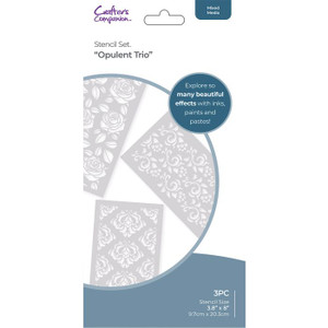 Crafters Companion - Stencil Set - Opulent Trio (CC-STEN-OPUTRIO)
Crafter’s Companion - Stencil Set - Opulent Trio
Create colourful and unique crafts with the Crafter’s Companion Opulent Trio Stencil Set. With this pack of stencils you can create three classic and contemporary patterns, the perfect backdrop for so many cardmaking and papercraft projects. Just choose your favourite colouring medium and set your creativity free to make customised cards for any occasion with these craft classics.
Timeless elegance- The Opulent Trio set includes three stencils to create a range of designs. Choose from romantic roses, ornate decorations and sweet filigrees - classic and timeless designs to elevate any occasion. Each stencil measures 3.8” x 8”, perfect for slimline cards and crafts or creating stencilled panels or borders for larger makes.
Create colourful atmosphere - Customise your make by using your favourite colours and colouring mediums to create a range of effects. For an atmospheric effect, why not explore a range of truly unique, multi-toned, blended and diffused effects using Crafter’s Companion Duet Inkpads?
Special cards and crafts - This stencil set will create beautiful backdrop for your cards and crafts, finish with a stamped design or sentiment to match your occasion, theme or recipient. You can also snip and die-cut your stencilled piece to create a show-stopping centrepiece or topper.
Perfect for all abilities - Everyone can get creative with stencils! Simply secure your stencil over your card or paper with tape. Then, apply colour over the stencil using an inkpad, brush or palette knife. Remove the tape and lift the stencil to reveal your beautiful, colourful design!
Use them again and again - Just wash your stencil in warm, soapy water to remove the ink or paint and it’s ready to use again. These timeless designs are perfect for so many occasions, so you’ll return to this craft classic time and time again Crafters Companion - Stencil Set - Opulent Trio (CC-STEN-OPUTRIO)
Crafter’s Companion - Stencil Set - Opulent Trio
Create colourful and unique crafts with the Crafter’s Companion Opulent Trio Stencil Set. With this pack of stencils you can create three classic and contemporary patterns, the perfect backdrop for so many cardmaking and papercraft projects. Just choose your favourite colouring medium and set your creativity free to make customised cards for any occasion with these craft classics.
Timeless elegance- The Opulent Trio set includes three stencils to create a range of designs. Choose from romantic roses, ornate decorations and sweet filigrees - classic and timeless designs to elevate any occasion. Each stencil measures 3.8” x 8”, perfect for slimline cards and crafts or creating stencilled panels or borders for larger makes.
Create colourful atmosphere - Customise your make by using your favourite colours and colouring mediums to create a range of effects. For an atmospheric effect, why not explore a range of truly unique, multi-toned, blended and diffused effects using Crafter’s Companion Duet Inkpads?
Special cards and crafts - This stencil set will create beautiful backdrop for your cards and crafts, finish with a stamped design or sentiment to match your occasion, theme or recipient. You can also snip and die-cut your stencilled piece to create a show-stopping centrepiece or topper.
Perfect for all abilities - Everyone can get creative with stencils! Simply secure your stencil over your card or paper with tape. Then, apply colour over the stencil using an inkpad, brush or palette knife. Remove the tape and lift the stencil to reveal your beautiful, colourful design!
Use them again and again - Just wash your stencil in warm, soapy water to remove the ink or paint and it’s ready to use again. These timeless designs are perfect for so many occasions, so you’ll return to this craft classic time and time again