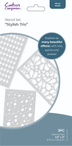 CRAFTERS COMPANION - STENCIL SET - STYLISH TRIO
Crafters Companion - Stencil Set - Opulent Trio (CC-STEN-STYTRIO)
Crafter’s Companion - Stencil Set - Stylish Trio
Create colourful and unique crafts with the Crafter’s Companion Stylish Trio Stencil Set. With this pack of stencils you can create three classic and contemporary patterns, the perfect backdrop for so many cardmaking and papercraft projects. Just choose your favourite colouring medium and set your creativity free to make customised cards for any occasion with these craft classics.
Beautiful backgrounds - The Stylish Trio set includes three stencils to create a range of designs. Choose from a harlequin-style diamond design, swirling teardrop shapes and a pattern of cheerful bubbles! Each stencil measures 3.8” x 8”, perfect for slimline cards and crafts or creating stencilled panels or borders for larger makes.
Create colourful atmosphere - Customise your make by using your favourite colours and colouring mediums to create a range of effects. For an atmospheric effect, why not explore a range of truly unique, multi-toned, blended and diffused effects using Crafter’s Companion Duet Inkpads?
Special cards and crafts - This stencil set will create beautiful backdrop for your cards and crafts, finish with a stamped design or sentiment to match your occasion, theme or recipient. You can also snip and die-cut your stencilled piece to create a show-stopping centrepiece or topper.
Perfect for all abilities - Everyone can get creative with stencils! Simply secure your stencil over your card or paper with tape. Then, apply colour over the stencil using an inkpad, brush or palette knife. Remove the tape and lift the stencil to reveal your beautiful, colourful design!
Use them again and again - Just wash your stencil in warm, soapy water to remove the ink or paint and it’s ready to use again. These timeless designs are perfect for so many occasions, so you’ll return to this craft classic time and time again. CRAFTERS COMPANION - STENCIL SET - STYLISH TRIO
Crafters Companion - Stencil Set - Opulent Trio (CC-STEN-STYTRIO)
Crafter’s Companion - Stencil Set - Stylish Trio
Create colourful and unique crafts with the Crafter’s Companion Stylish Trio Stencil Set. With this pack of stencils you can create three classic and contemporary patterns, the perfect backdrop for so many cardmaking and papercraft projects. Just choose your favourite colouring medium and set your creativity free to make customised cards for any occasion with these craft classics.
Beautiful backgrounds - The Stylish Trio set includes three stencils to create a range of designs. Choose from a harlequin-style diamond design, swirling teardrop shapes and a pattern of cheerful bubbles! Each stencil measures 3.8” x 8”, perfect for slimline cards and crafts or creating stencilled panels or borders for larger makes.
Create colourful atmosphere - Customise your make by using your favourite colours and colouring mediums to create a range of effects. For an atmospheric effect, why not explore a range of truly unique, multi-toned, blended and diffused effects using Crafter’s Companion Duet Inkpads?
Special cards and crafts - This stencil set will create beautiful backdrop for your cards and crafts, finish with a stamped design or sentiment to match your occasion, theme or recipient. You can also snip and die-cut your stencilled piece to create a show-stopping centrepiece or topper.
Perfect for all abilities - Everyone can get creative with stencils! Simply secure your stencil over your card or paper with tape. Then, apply colour over the stencil using an inkpad, brush or palette knife. Remove the tape and lift the stencil to reveal your beautiful, colourful design!
Use them again and again - Just wash your stencil in warm, soapy water to remove the ink or paint and it’s ready to use again. These timeless designs are perfect for so many occasions, so you’ll return to this craft classic time and time again.
