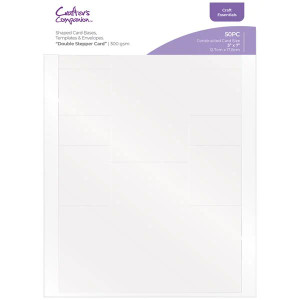 Crafter's Companion - Double Stepper Cards (CC-CB-DSTEPP)
The Double Stepper Card Blanks from Crafter's Companion contains 24 shaped card blank bases that have been pre scored for your convenience, alongside 24 co-ordinating envelopes, together with 2 stencils. The set helps you take the stress out of cardmaking, the cardstock is made from high quality 300gsm cardstock and is an ideal blank canvas for dimensional double stepper cards. Perfect for using with ink, paint, pencils, glitters, decoupage papers and more to adorn & decorate your card makes! Crafter's Companion - Double Stepper Cards (CC-CB-DSTEPP)
The Double Stepper Card Blanks from Crafter's Companion contains 24 shaped card blank bases that have been pre scored for your convenience, alongside 24 co-ordinating envelopes, together with 2 stencils. The set helps you take the stress out of cardmaking, the cardstock is made from high quality 300gsm cardstock and is an ideal blank canvas for dimensional double stepper cards. Perfect for using with ink, paint, pencils, glitters, decoupage papers and more to adorn & decorate your card makes!