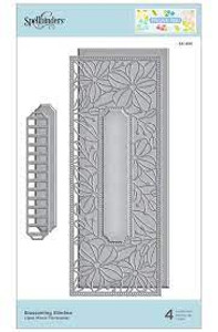 Spellbinders Dies - Blossoming Slimline - Etched Metal Cutting Dies (S5-450)
This Blossoming Slimline Etched Dies is part of the Slimline Collection. The set of four thin metal dies creates a lovely floral card panel with an area in the center to add a sentiment. Also included is its outer rim die and label rim with its label insert design. Fits perfectly to a Slimline style card base.
Slimline style of card making is growing in popularity. This slimline card size (3.50 x 8.50-inch) fits a #10 business envelope. Spellbinders is offering a collection of thin metal dies, Glimmer Hot Foil Plates, embossing folder, and more to assist you in creating these beautiful cards.
Approximate Size:
Outer Rim: 8.10 x 3.00 in./20.10 x 7.60 cm
Blossoming Insert: 7.80 x 2.80 in./19.80 x 7.10 cm
Label Rim: 4.30 x 0.75 in./10.90 x 1.90 cm
Label Insert: 4.25 x 0.70 in./10.80 x 1.80 cm Spellbinders Dies - Blossoming Slimline - Etched Metal Cutting Dies (S5-450)
This Blossoming Slimline Etched Dies is part of the Slimline Collection. The set of four thin metal dies creates a lovely floral card panel with an area in the center to add a sentiment. Also included is its outer rim die and label rim with its label insert design. Fits perfectly to a Slimline style card base.
Slimline style of card making is growing in popularity. This slimline card size (3.50 x 8.50-inch) fits a #10 business envelope. Spellbinders is offering a collection of thin metal dies, Glimmer Hot Foil Plates, embossing folder, and more to assist you in creating these beautiful cards.
Approximate Size:
Outer Rim: 8.10 x 3.00 in./20.10 x 7.60 cm
Blossoming Insert: 7.80 x 2.80 in./19.80 x 7.10 cm
Label Rim: 4.30 x 0.75 in./10.90 x 1.90 cm
Label Insert: 4.25 x 0.70 in./10.80 x 1.80 cm