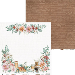 P13 - Coffee Break - 12 x 12 Double Sided Scrapbooking Paper (P13-COF-06)
This 12" x 12" double sided paper, is part of the Coffee Break Collection from P13. The front of this paper has a white background with a partial wreath on the bottom filled with coffee-related products, flowers, and foliage. The top of the paper features a large spray of flowers and foliage. The reverse side is brown and filled with lighter brown coffee words and phrases. These designs are printed on 240 gsm paper which is medium-weight paper. This paper weight makes it perfect for layering projects. It is a good choice where heavier paper weight is needed. For best results score the paper before folding. This paper can be used for cards, scrapbook pages, tags, journals, and other paper crafting projects. The paper is FSC (Forest Stewardship Council) certified, and is acid and lignin free. P13 - Coffee Break - 12 x 12 Double Sided Scrapbooking Paper (P13-COF-06)
This 12" x 12" double sided paper, is part of the Coffee Break Collection from P13. The front of this paper has a white background with a partial wreath on the bottom filled with coffee-related products, flowers, and foliage. The top of the paper features a large spray of flowers and foliage. The reverse side is brown and filled with lighter brown coffee words and phrases. These designs are printed on 240 gsm paper which is medium-weight paper. This paper weight makes it perfect for layering projects. It is a good choice where heavier paper weight is needed. For best results score the paper before folding. This paper can be used for cards, scrapbook pages, tags, journals, and other paper crafting projects. The paper is FSC (Forest Stewardship Council) certified, and is acid and lignin free.