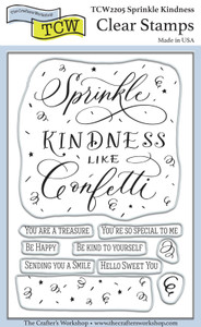 TCW (The Crafter's Warehouse - Photopolymer Stamp Set - Sprinkle Kindness (TCW2205)
The Crafters Workshop, Sprinkle Kindness Stamp Set, designed by Kristen Palese. Beautiful stamps for Scrapbooking, Cardmaking, Art Journals, Mixed-Media, Collages, Paper Arts, Surface Design, Quilting, Stenciling, Home decor and more! Stamps will cling to a lucite block (purchased separately) Cleans up easily with water or stamp cleaner. TCW (The Crafter's Warehouse - Photopolymer Stamp Set - Sprinkle Kindness (TCW2205)
The Crafters Workshop, Sprinkle Kindness Stamp Set, designed by Kristen Palese. Beautiful stamps for Scrapbooking, Cardmaking, Art Journals, Mixed-Media, Collages, Paper Arts, Surface Design, Quilting, Stenciling, Home decor and more! Stamps will cling to a lucite block (purchased separately) Cleans up easily with water or stamp cleaner.