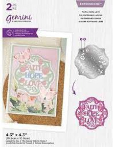Gemini Expressions - Image Sentiment Dies, Faith, Hope, Love (GEM-MD-EXP-FHL)
Fill your card creations with endearing and heartfelt messages with the Gemini Image Sentiment Die Collection! When it comes to designing a card centrepiece, it can be tricky to decide between a striking image or a sweet message. With Image Sentiment Dies you get both in one! Each intricate die set combines beautiful imagery and a thoughtful message combined within a shaped frame. This collection includes themed sets to include all types of celebrations. This Faith Hope Love set includes 2 dies to create a ‘Faith Hope Love’ message in a classic and elegant font. Held inside an ornate frame and surrounded by flourishing roses this is the perfect way to send a heartfelt message with an elegant and thoughtful card. The dies are perfectly sized to take centre stage on card bases on 4” x 6” or 5” x 7” card bases. So it’s a simple process for all abilities to create truly eye catching card designs! All you need is a die-cutting machine, a die and your chosen card or paperstock. Simply create your plate combination using the helpful Sandwich Guide in the instruction manual and run through your die-cutting machine – it’s that simple! The versatile design of the Image Sentiment Dies also invites you to go wild with your creativity! Why not create multi-layered designs with cardstock in contrasting colours, or use a dark piece of cardstock to create a unique ‘shadow’ effect? You can add a layer of acetate and some glitter to create a beautiful shaker card, colour using your favourite mediums, or attach the whole design to glasses or jars to craft the prettiest keepsakes. The possibilities are nearly endless, and with a full range of endearing messages to choose from, why not take a look at the full Gemini Image Sentiment Dies Collection? Gemini Expressions - Image Sentiment Dies, Faith, Hope, Love (GEM-MD-EXP-FHL)
Fill your card creations with endearing and heartfelt messages with the Gemini Image Sentiment Die Collection! When it comes to designing a card centrepiece, it can be tricky to decide between a striking image or a sweet message. With Image Sentiment Dies you get both in one! Each intricate die set combines beautiful imagery and a thoughtful message combined within a shaped frame. This collection includes themed sets to include all types of celebrations. This Faith Hope Love set includes 2 dies to create a ‘Faith Hope Love’ message in a classic and elegant font. Held inside an ornate frame and surrounded by flourishing roses this is the perfect way to send a heartfelt message with an elegant and thoughtful card. The dies are perfectly sized to take centre stage on card bases on 4” x 6” or 5” x 7” card bases. So it’s a simple process for all abilities to create truly eye catching card designs! All you need is a die-cutting machine, a die and your chosen card or paperstock. Simply create your plate combination using the helpful Sandwich Guide in the instruction manual and run through your die-cutting machine – it’s that simple! The versatile design of the Image Sentiment Dies also invites you to go wild with your creativity! Why not create multi-layered designs with cardstock in contrasting colours, or use a dark piece of cardstock to create a unique ‘shadow’ effect? You can add a layer of acetate and some glitter to create a beautiful shaker card, colour using your favourite mediums, or attach the whole design to glasses or jars to craft the prettiest keepsakes. The possibilities are nearly endless, and with a full range of endearing messages to choose from, why not take a look at the full Gemini Image Sentiment Dies Collection?