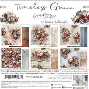 Craft O'Clock - Timeless Grace - 6 x 6 Paper Pad (CC-C81-TG-10)

Pack contains 24 double-sided pages of a high quality scrapbooking paper.  Set of 6 different designs, 4 of each, which are small versions of the larger papers and sheets with extras on back of covers.  Paper Weight: 250g.   Acid and lignin free.