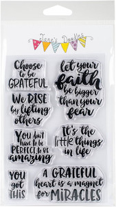 Jane's Doodles - Clear Stamps - You Got This (743009)

These photopolymer clear stamps peel off their backing and stick to any acrylic block, making for easy stamping.  Simply apply your favorite ink and stamp fun and silly images!  This package contains seven clear stamps on a 4x6 inch backing sheet.  Can be used stored and reapplied many times.  The stamps are perfect for greeting cards, gifts, keepsakes, and many more of your craft projects.