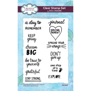 Creative Expressions - Helen Colebrook - Positive Sentiments - 4"x 6" Clear Stamp Set (CEC1027)

Helen Colebrook is an inspirational journaler who creates beautiful pages that are encouraging to beginners and experienced journalers alike. She uses journals to plan out her life, document special moments and keep a record of her day-to-day happenings. This detailed floral stamp set can be used for journaling, but will also be terrific for cards, scrapbook pages and more. Mix and match with Helen’s stencils, dies, papers and washi tape. For journal inspiration check out Helen’s YouTube channel. Ready to mount on an acrylic block the stamps can be used with ink pads, paint, or used with pigment ink and embossing powder. They are suitable for use on paper, fabric, or any other surface depending on the ink choice. Clean your stamps with a wipe, damp cloth or under warm running water depending on the medium you use. Designed and made in the United Kingdom.