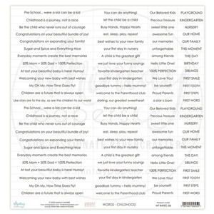 Mintay Papers - 12 x 12 Single Sided Paper - Sentiments Sheet - Childhood (MT-BASIC-06)

This 12" x 12" single sided paper, Sentiments Sheet, Vacation is from Mintay Papers.  This sheet is full of all kinds of sentiments related to childghood.  These sentiments can be cut out and used on cards, scrapbook pages, tags, journals, and other paper crafting projects. Some of the sentiments on this page include: Childhood is a journey, not a race. At last your beautiful baby is here! Hurray!. You can do anything. Sweet little one. OUR HOME. FIRST TOOTH, FIRST SMILE, THIS MOMENT, and many more. This paper is acid and lignin free.