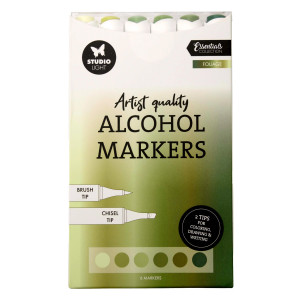 Studio Light - Essentials - Alcohol Markers - Foliage (SL-CO-MARK43)

Pack contains 6 Artist Quality Alcohol Markers.  Each marker pen has 2 tips for colouring, drawing & writing: Brush Tip / Chisel Tip.  Each marker delivers bright, intense colour with smooth, streak-free coverage.  The alcohol-based ink dries quickly, making it easy to build layers, blend colours and create beautiful gradients.  Ideal for illustration, colouring projects, cardmaking and mixed media.  For best results, use them on dedicated alcohol marker paper.  This smooth, coated paper helps reduce bleeding and show-through, keeping your lines crisp and your colours rich.  The blender is perfect for blending and softening colours, and for creating highlights or light effects.  Many alcohol markers feature both a brush tip and a chisel tip, so you can easily switch between detail work, broad areas, shading and special effects.