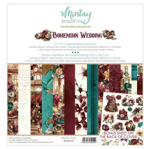 Mintay Papers - 12 x 12 Scrapbooking Paper Pack - Bohemian Wedding (MT-BOH-07)

This 12" x 12" Paper Pack is part of the Bohemian Wedding Collection from Mintay Papers.  This pack includes 12 double sided papers, you get two sides each of the 12 designs.  You also get one bonus sheet with elements on the back cover that can be cut apart and used separately.  These sheets include all the beautiful papers that are sold as singles from this collection including wine and cream flowers, a patina, a gorgeous decorated venue, blue-green wood panels, vintage wallpaper, and more.  These designs are printed on 250 gsm paper which is heavyweight paper.  These papers can be used for cards, scrapbook pages, tags, journals, and other paper crafting projects.  This paper is acid and lignin free.