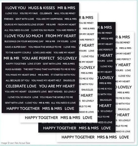 Creative Expressions - Wordies Sentiment Sheets – Love (Pk 4) 6" x 8" (CEW006)

Add a special sentiment to your project quickly and easily with these inspiring sentiment sheets.  Designed to be easily cut apart with scissors or a trimmer so that you can choose the perfect sentiment to add a finishing touch to your artwork!  The pack contains 4 sheets, 2 white on black and 2 black on white.  The sheets are toner printed on 250gsm silk finish card so that they can be foiled to add a metallic effect.  Acid and lignin free.  Made in the UK. 4 sheets.  Size 6 in x 8 in (15 cm x 20.3 cm).