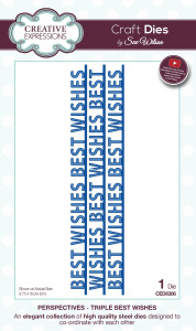 Creative Expressions Sue Wilson-Triple Best Wishes Craft Die ( CED8306)





Creative Expressions – Perspectives Collection Triple Best Wishes by Sue Wilson  

Stunning and elegant premium steel die designed by Sue Wilson

Part of the Perspectives Collection, with dies created to coordinate beautifully

Contains 1 metal die featuring a “Best Wishes” themed design

Size: 3.7 cm x 16 cm (1.5 in x 6.3 in)

Crafted from high-quality steel for precise and clean cuts

Ideal for adding elegant sentiments to cards, scrapbook pages, and other craft projects

Suitable for use with cardstock, paper, vellum, and similar materials