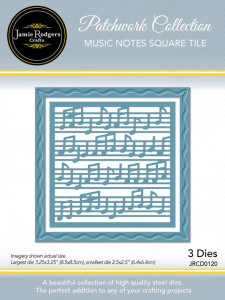 Jamie Rodgers Crafts - Music Notes Square Tile - Die Set ( JRCD0120)

Jamie Rodgers Crafts Music Notes Square Tile Die Set.  The Music Square Tile Die Set is a must-have for any crafter looking to add a touch of musical flair to their projects.  Whether you’re crafting music-inspired cards, scrapbook layouts, or home décor, this die set offers endless design opportunities.  It’s perfect for celebrating special occasions like, weddings, anniversaries, or any event that deserves a touch of music.  3 Dies In Set Sizes: Largest Die - 8.5cm x 8.5cm, Smallest Die - 6.4cm x 6.4cm.  Key Features: Premium Quality Dies: Made from durable materials, these dies guarantee precise, clean cuts every time, ensuring professional-looking results on all your projects.  The set includes three intricately designed dies, featuring a central music-themed square tile pattern with musical notes, along with a decorative frame.  Perfect for Various Craft Projects, whether you're creating large-scale designs or smaller, intricate pieces like cards, scrapbook pages, tags, and more, these smaller-format dies are ideal for a wide range of crafting needs.